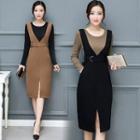 Set: Long-sleeve Plain Top + Sleeveless V-neck Pinafore Midi Dress