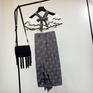 Check Off-shoulder Short-sleeve Shift Dress