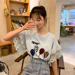 Short-sleeve Lace Panel Balloon Print T-shirt