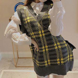Plaid Knit Vest / Plain Shirt