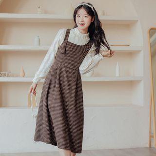 Set: Mock-neck Blouse + Sleeveless Plaid Dress