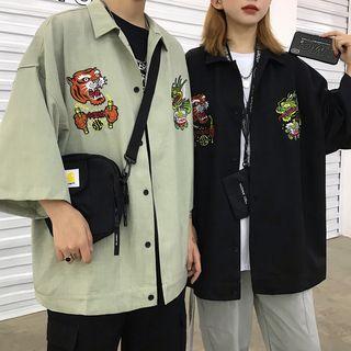 Couple-matching Embroidered Dragon 3/4-sleeve Shirt