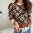 Round-neck Pattern Cropped Cardigan Brown - One Size