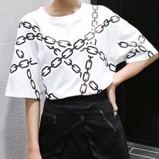 Chain Print Elbow-sleeve T-shirt