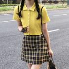 Collared Short-sleeve Knit Top / Plaid Mini A-line Skirt