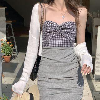 Spaghetti-strap Plaid Panel Mini Sheath Dress / Cardigan