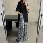 Elbow-sleeve Plain T-shirt / Zebra Print Wide Leg Pants