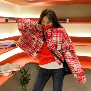 Epaulet Plaid Wool Blend Zip Jacket