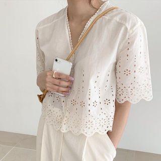 Short-sleeve Perforated Blouse Off-white - One Size