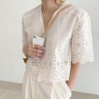 Short-sleeve Perforated Blouse Off-white - One Size