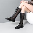 Genuine Leather Mesh Shaft Lace-up Knee-high Boots