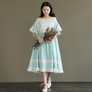 Floral Print Panel Short-sleeve A-line Midi Dress