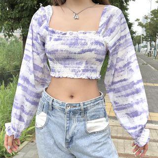 Puff-sleeve Tie Dye Blouse Purple - One Size