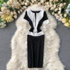 Short-sleeve Two-tone Zip-up Midi Knit Dress