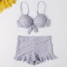 Set: Floral Print Bikini Top + Swim Shorts + Elbow-sleeve Cover-up