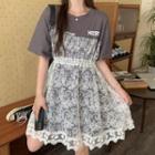 Short-sleeve Lace Panel Mini A-line T-shirt Dress