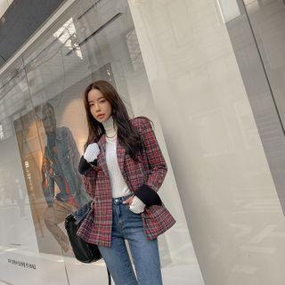 Contrast-cuff Woolen Plaid Blazer Gray - One Size