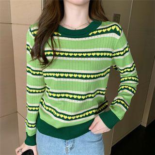 Striped Heart Print Knit Top Green - One Size