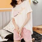 Couple Matching Loungewear Set: Whale Print Short-sleeve T-shirt + Striped Shorts