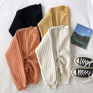 Plain Lace-up Rib-knit Long-sleeve Top