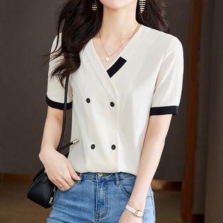 Short-sleeve V-neck Double Breasted Blouse