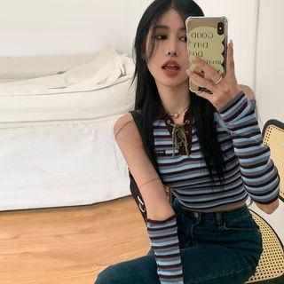 Set: Collar Striped Knit Crop Tank Top + Arm Sleeves