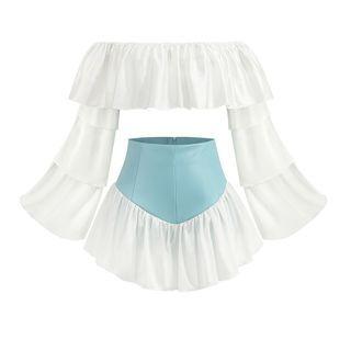 Set: Off-shoulder Ruffle Crop Top + Arm Sleeves + Hot Pants