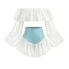 Set: Off-shoulder Ruffle Crop Top + Arm Sleeves + Hot Pants