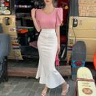 Short-sleeve Plain Blouse With Chain / High-waist Plain Mermaid Skirt