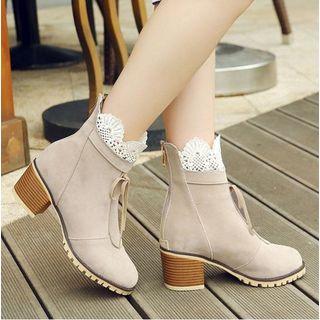 Block-heel Lace-panel Short Boots