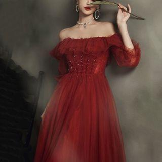 Off-shoulder Sequined Sheath Evening Gown