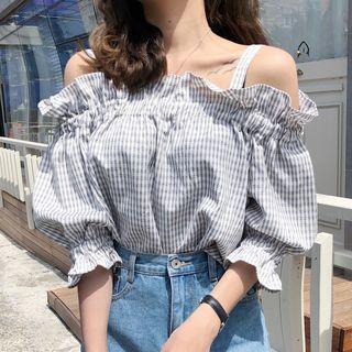 Plaid Elbow-sleeve Cold-shoulder Blouse