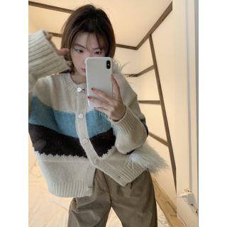 Color Block Cardigan Blue & Dark Gray & Beige - One Size