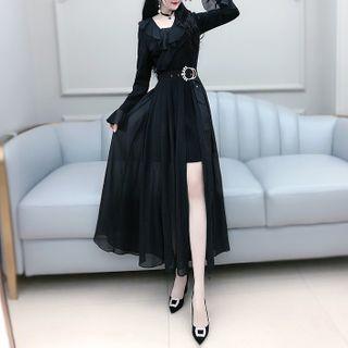 Set: Ruffle Long-sleeve A-line Dress + Midi Skirt