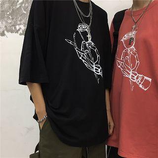 Couple Matching 3/4-sleeve Rose Print T-shirt