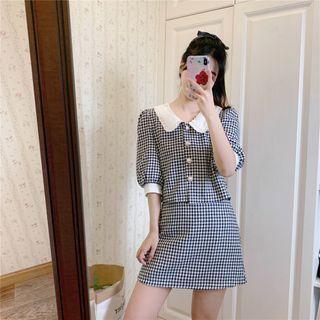 Set: Elbow-sleeve Houndstooth Shirt + Mini A-line Skirt