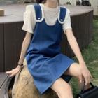 Short-sleeve T-shirt / Frill Trim Denim Mini Overall Dress