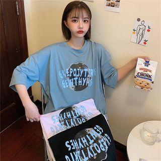 Elbow-sleeve Letter & Moon Printed T-shirt