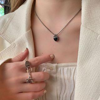 Heart Pendant Sterling Silver Necklace Xl1337 - 1pc - Silver & Black - One Size