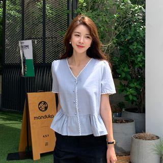 Lace-trim Frilled-hem Blouse Sky Blue - One Size