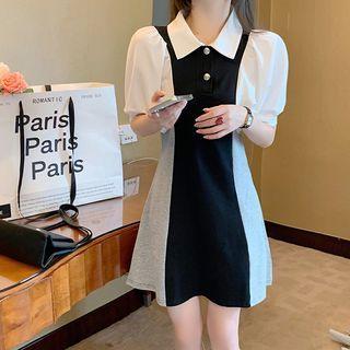 Puff-sleeve Color Block Mini A-line Dress
