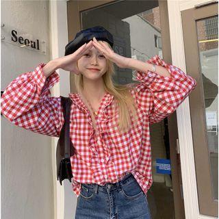 Long-sleeve Checked Frill Trim Blouse Red - One Size
