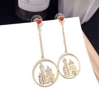 Rhinestone Heart & Castle Dangle Earring Gold - One Size