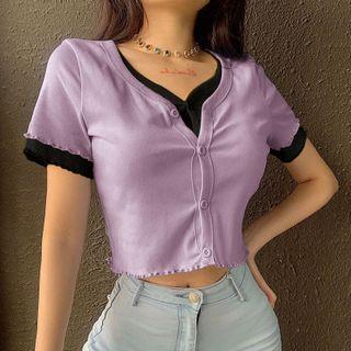 Mock Two-piece Short-sleeve Cropped Cardigan