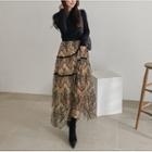 Velvet-trim Maxi Lace Skirt