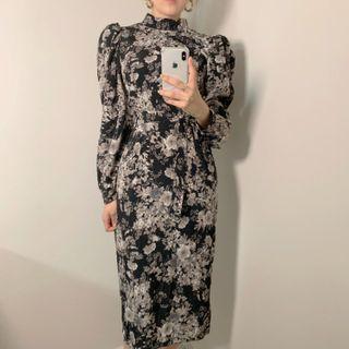 Stand-collar Floral Midi Sheath Dress