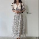 Short-sleeve Pointed Collar Ruffle Trim Floral Slim Fit Midi Dress