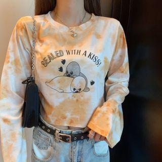 Seal Printed Tie Dye Long-sleeve Cropped Top