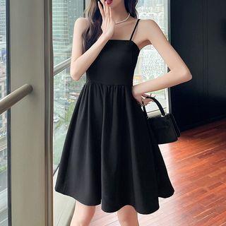 Spaghetti Strap Plain A-line Dress Black - One Size