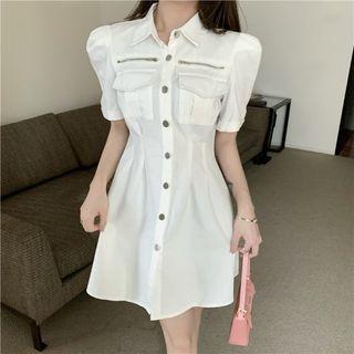 Short-sleeve Zip-accent Mini A-line Shirtdress